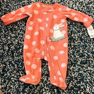 Carter's Coral Polka Dot Sledding Bunny Footie Pajama Baby 3 months